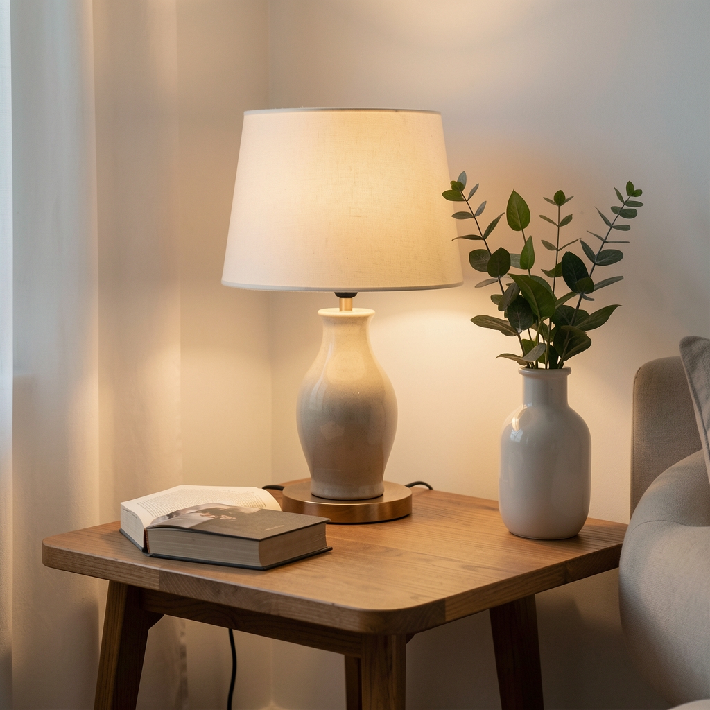 Lampă decorativă cu lumină caldă pe o măsuță laterală lângă o carte și o vază fără persoane