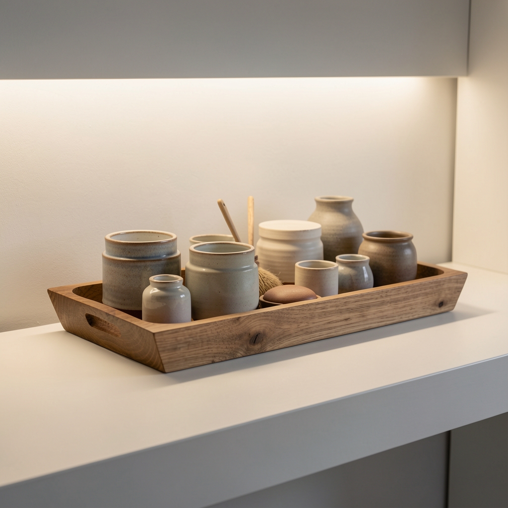 Tavă din lemn cu recipiente ceramice și obiecte mici organizate pe o consolă luminoasă fără persoane
