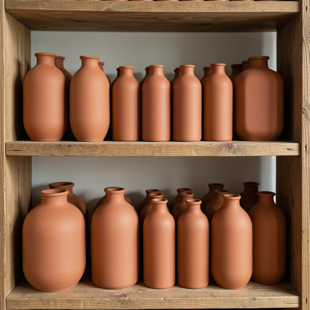 Colecție de vase ceramice mate în tonuri de teracotă pe un raft din lemn
