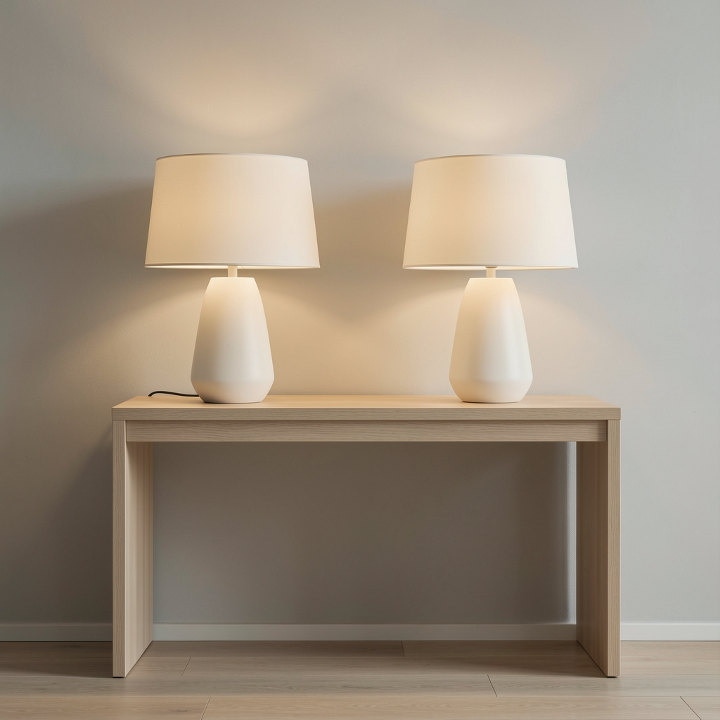 Două corpuri de iluminat decorativ cu abajururi crem pe o consolă minimalistă