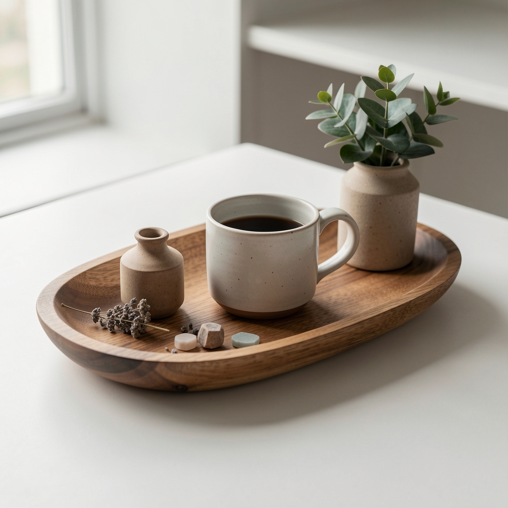 Tavă ovală din stejar cu cană ceramică și obiecte decorative pe o masă curată