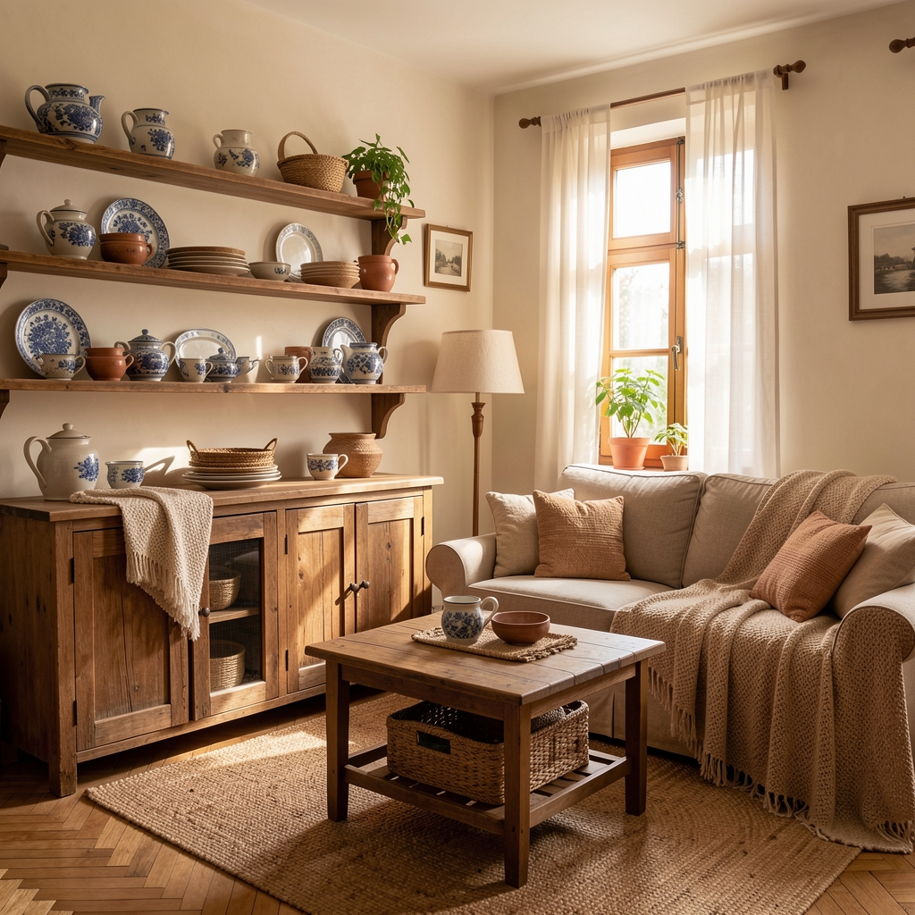 Colț de living românesc cu poliță, ceramică, textile naturale și lumină de după-amiază fără persoane